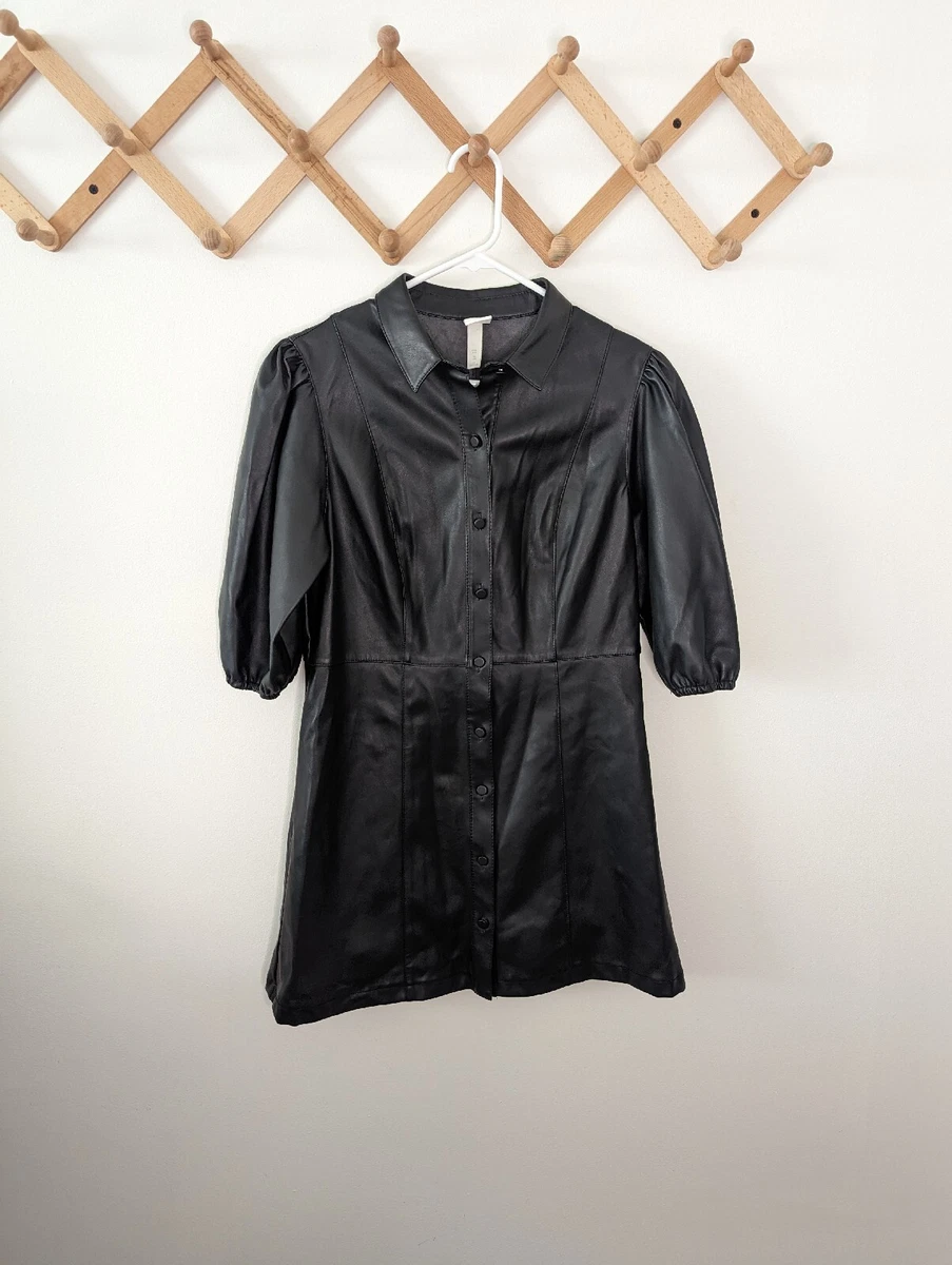 H M Faux Black Leather Button Down Front Puff Sleeves Dress Size