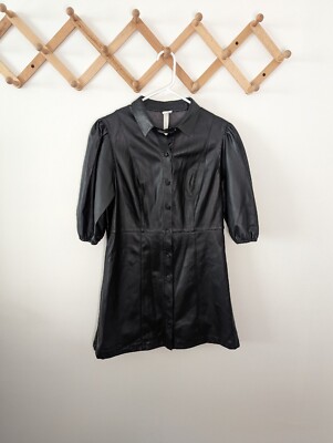 h&m leather dress H&M Faux Black Leather Button Down Front Puff Sleeves Dress - Size 10P