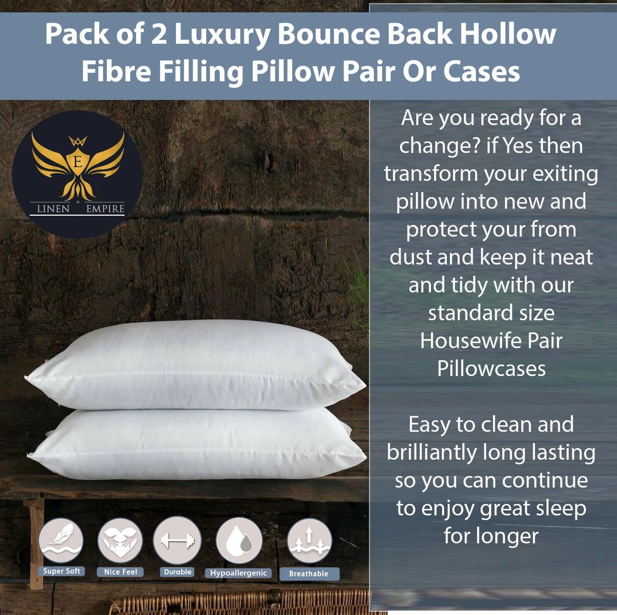 Pack of 2 Pillows Luxury Bounce Back Hollow Fibre Filling Pillow