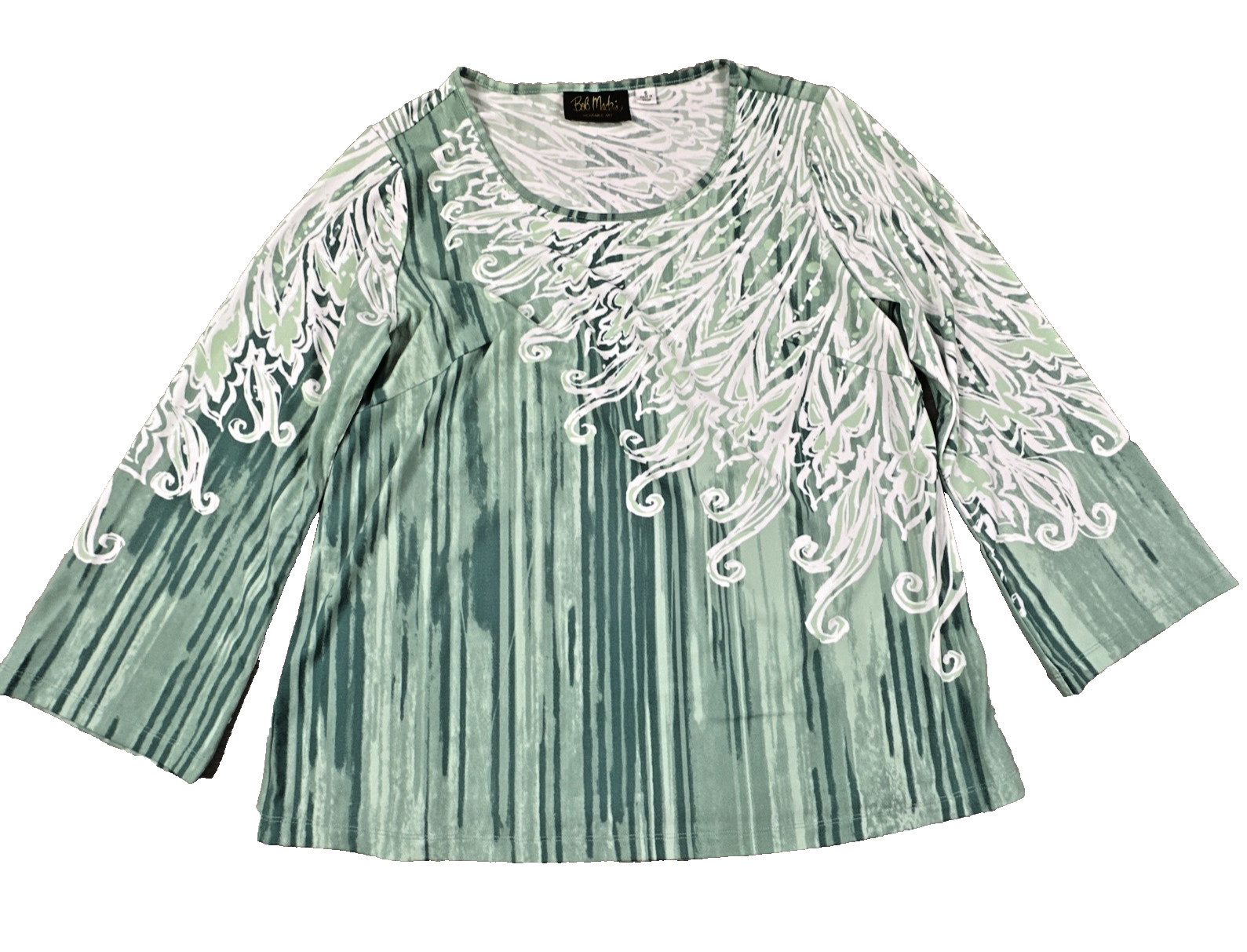 Bob Mackie Women’s Top Size S Sage Green Textured White Lace Applique 3/4 Sleeve