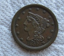 1857 1/2C  Braided Hair Half Cent Rare Key Date Type Coin Chocolate Brown AU UNC