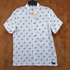 SCOTCH  SODA Button Shirt Mens Medium White Print Short Sleeve 100 Linen 128