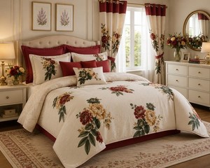 Priscilla King 8pcs Sheet Set Red Green Cream Floral Nature Curtains Pillowcases