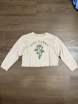 #ad Mighty Fine Women’s Beige “Stay Sunny” Floral Graphic Knit Cropped Tee XL $19.99