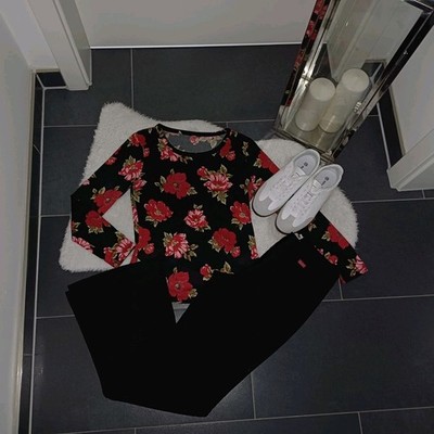 Set Outfit M 38 40 Hose schwarz Schlaghose Flash Lights Sweatshirt  Rosen Top