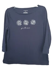 Talbots Petite Cotton Navy "Joie De Vivre" Floral Embroidered Boat Neck Top LP