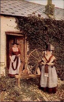 Welsh women Wales traditional costume hat spinning wheel unused vintage PC