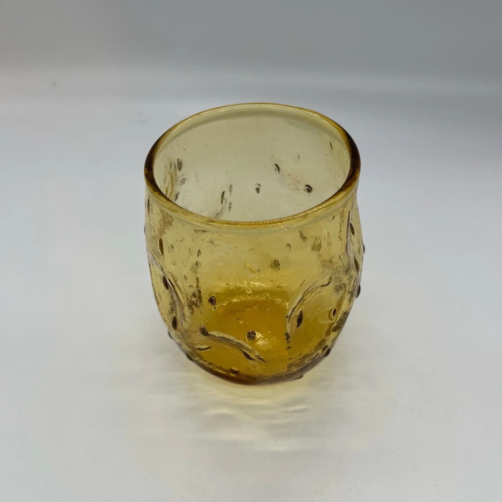 MCM Anchor Hocking Crinkle Glass Lido Amber Roly Poly Thumbprint Low Ball Glass