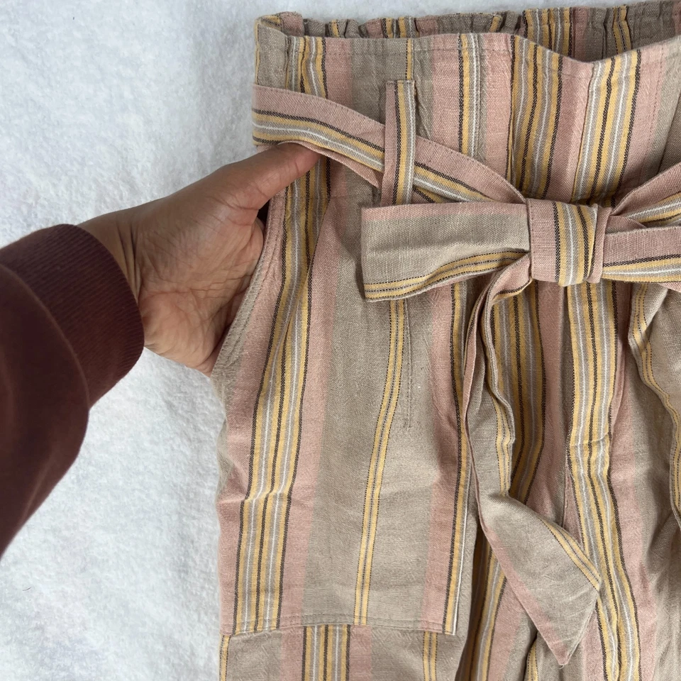 American Eagle Outfitters Bolsa de Papel Pantalones Mujer M Beige Rayas Cinturón Pierna Ancha Foto 3 de 4