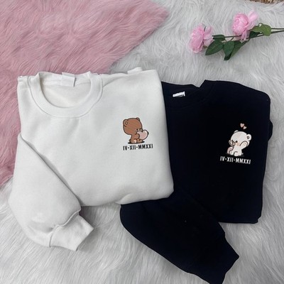 Embroidered Milk and Mocha Bear Couple Sweatshirt, Custom Roman Numeral Sweaters