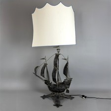 Grande Lampada Veliero Scultura Ferro Battuto Galleone Vintage Spain 1950