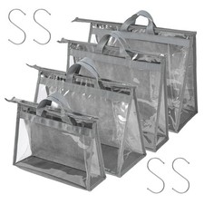 4 Pack Grey Handbag Dust Bags, Clear Purse Organizer, Zipper, Hanging, Closet