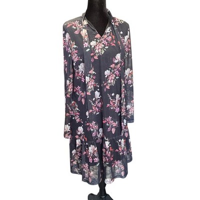 Mohito Floral Print Dress Ruffle Hem Black Sheer Long Sleeve Size Small