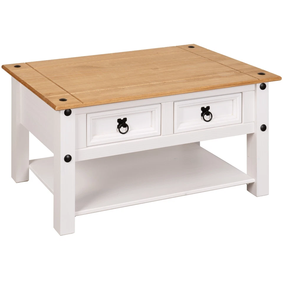 Corona White Coffee Table with 2 Drawers & Shelf Solid Mexican Pine Wood - Image 4 of 4
