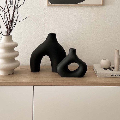 Black Vases Home Decor Set of 2 Large Black Ceramic Decorative Vase