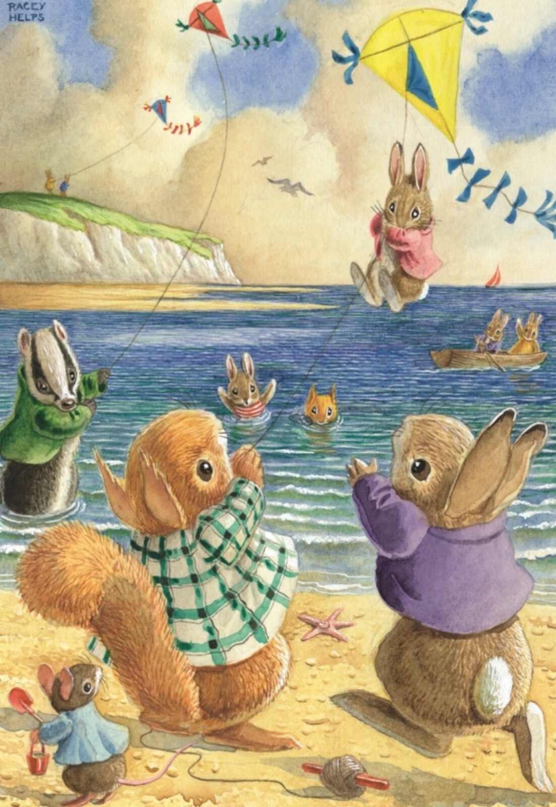 Vintage Nostalgic Rabbit Card ~ Bunnies ~ Kite Fliers ~ Seaside ~ Blank Single