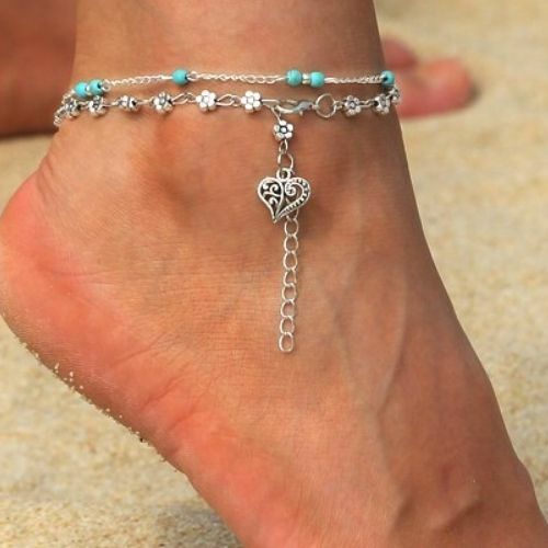 Cavigliera Cuore Argento 2 Strati Cavigliera Perline Turchese Margherita Catena Fiori - Foto 1 di 6