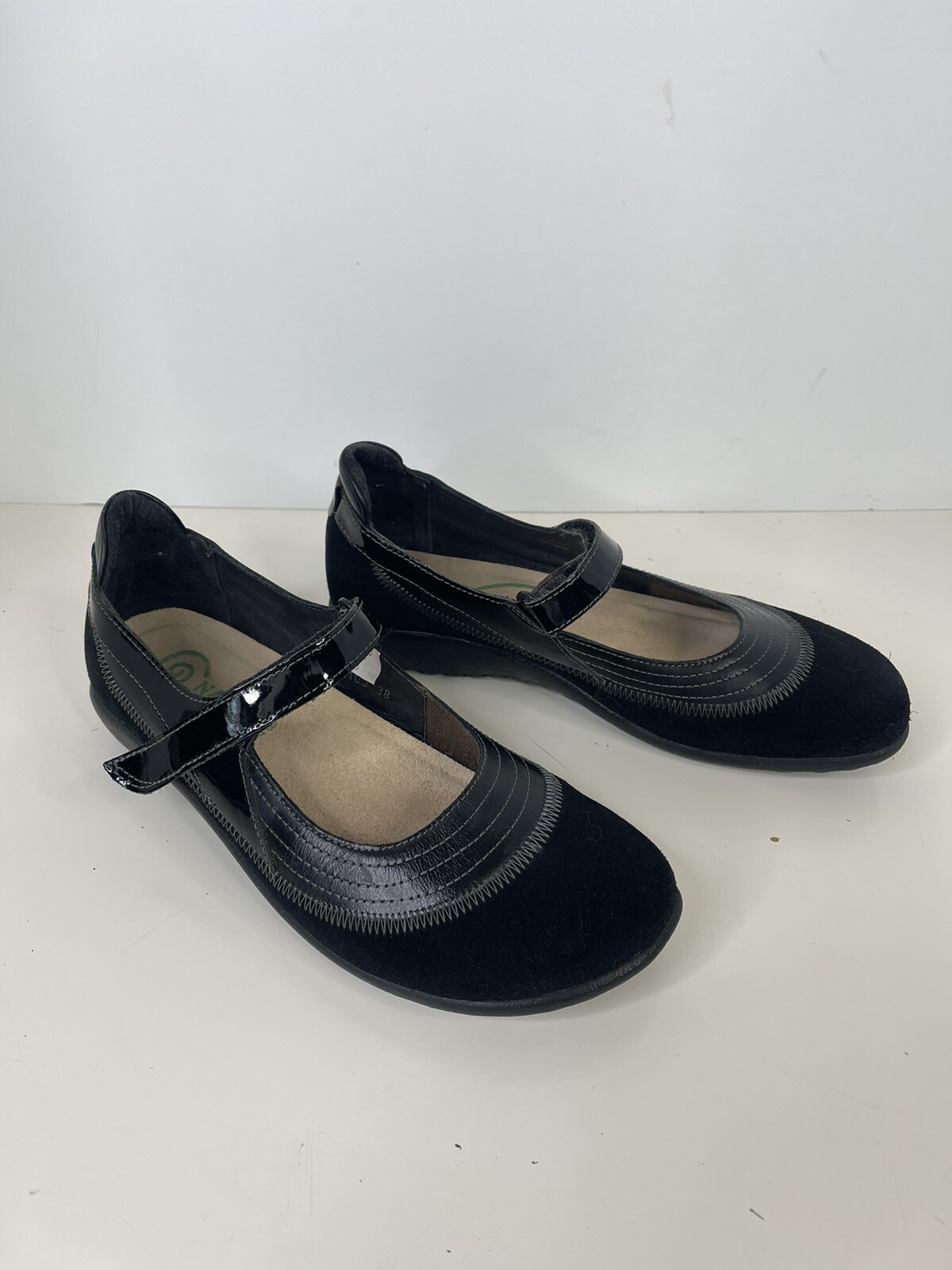 Naot Kirei Black Suede Patent Leather Combo Mary Jane Shoe Size 38