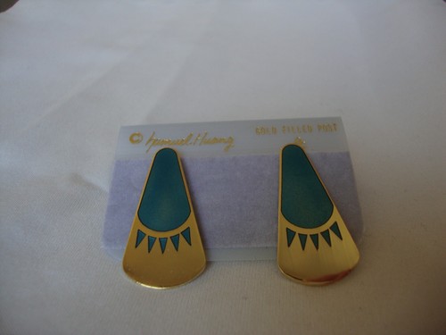VINTAGE SAMUEL HUANG DESIGNER CLOISONNE RETRO ABSTRAKT BLAU EMAILLE OHRRINGE