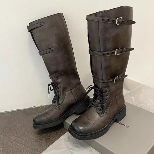 Cowhide Retro Knee High Boots Womens Soft Leather Strap Rider Motorcycle Boots - Picture 4 of 22