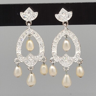 Napier Elegant Crystal Imitation Pearl Drop Earrings Silver Tone