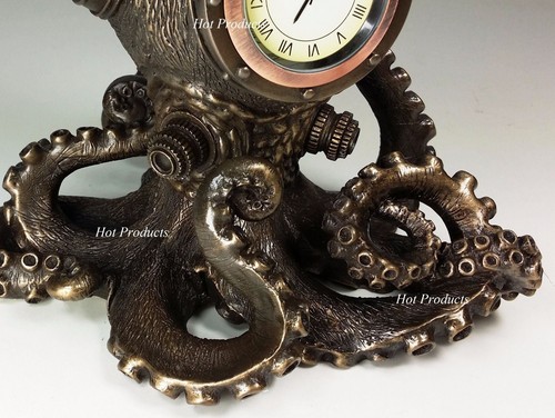 Nautical Steampunk Octopus Desk Mantle Clock Diving Helmet Statue Bronze Color - Picture 3 of 4