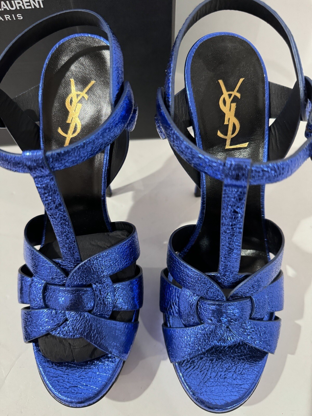SAINT LAURENT Sandali YSL metallizzati in pelle di vitello incrinata plateau metallo blu taglia 40