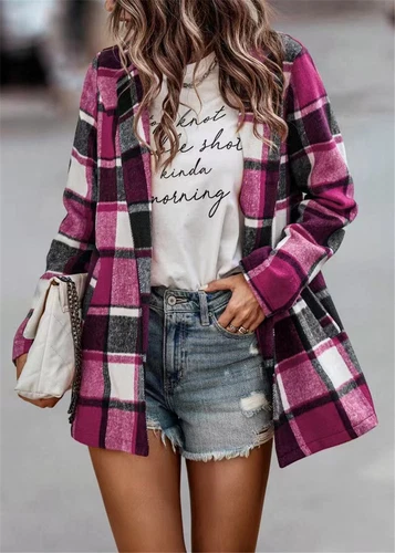 Women's loose checkered printed long sleeved cardigan- - Foto 18 di 24