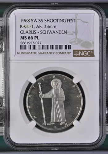 1968 SWISS SHOOTING FEST K-GL AR, 33mm GLARUS - SCHWANDEN - NGC MS 66 PL