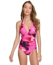 DKNY Large Tie-Back Halter-Style One Piece Swimsuit Pink Multi New
