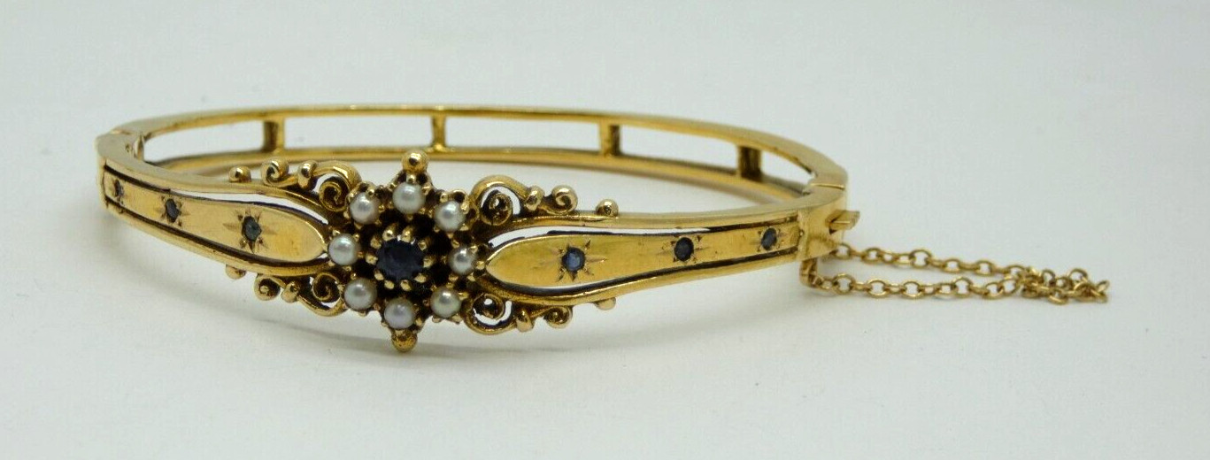 Solid Gold Victorian Bangle Bracelet with Sapphir… - image 4