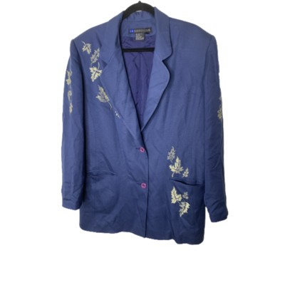 IB Diffusion Silk Blazer Womens Size 14 Blue Leaf Printed Collared Long Sleeves