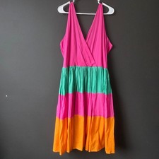 Mira 2XL Colorblock Tiered Midi Dress Pink Green Orange Cotton Sleeveless Summer