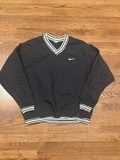 Vintage Nike Swoosh V-Neck Windbreaker Pullover Jacket Large Black White 90s