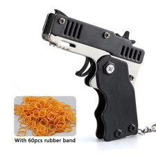 Metal Burst Rubber Band Toy - Mini Folding Launcher Toy with Keychain and 60Pcs 