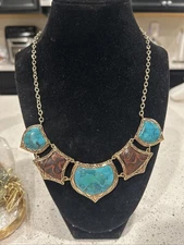 BARSE Bronze Turquoise Engraved Italian Leather Statement Bib Necklace