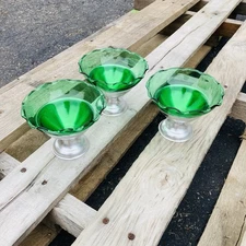 Vintage COLORAMA SHERBET SET Green Ruffle Glass Cups Anodized Aluminum Stand