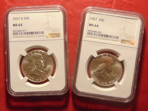 LOT (2 COINS) 1957 P & D Franklin 50C Silver Half Dollars, NGC MS64, NICES!