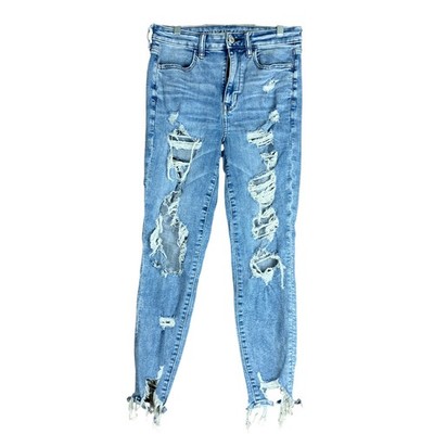 American Eagle Womens Jeans Blue Denim High Rise Jegging Distressed Thrashed 8S
