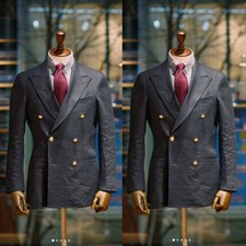 Navy Blue Linen Men's Suits Peak Lapel Double Breasted Wedding Casual Coat Pant