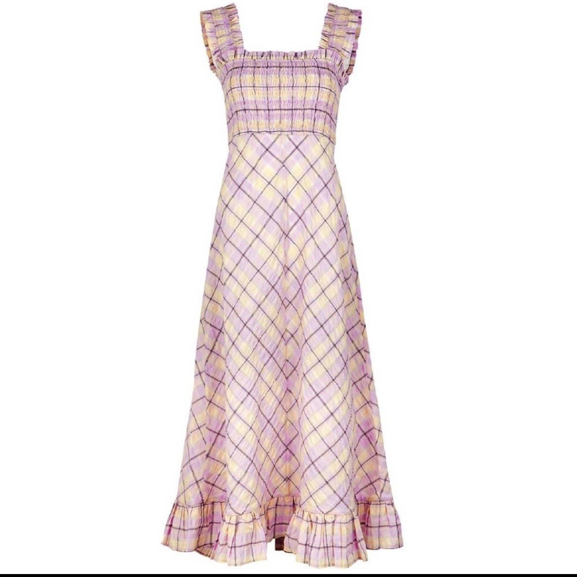 Ganni Square Neck Sleeveless Smocked Tiered Maxi Plaid Dress Size Large  NWOT | eBay