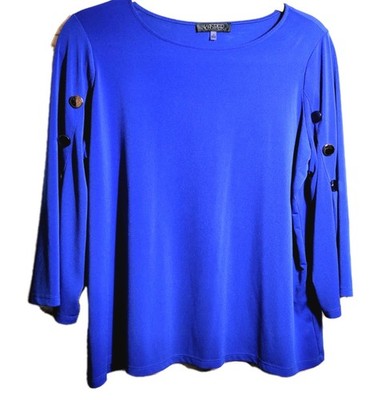 Kasper Blouse Size 1X Blue Bell Slit Sleeves Button Detail Pullover Boho Mature