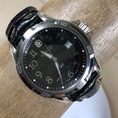 Vtg 1893 Wenger GST Women 7823X Military Black Leather Quartz 45mm