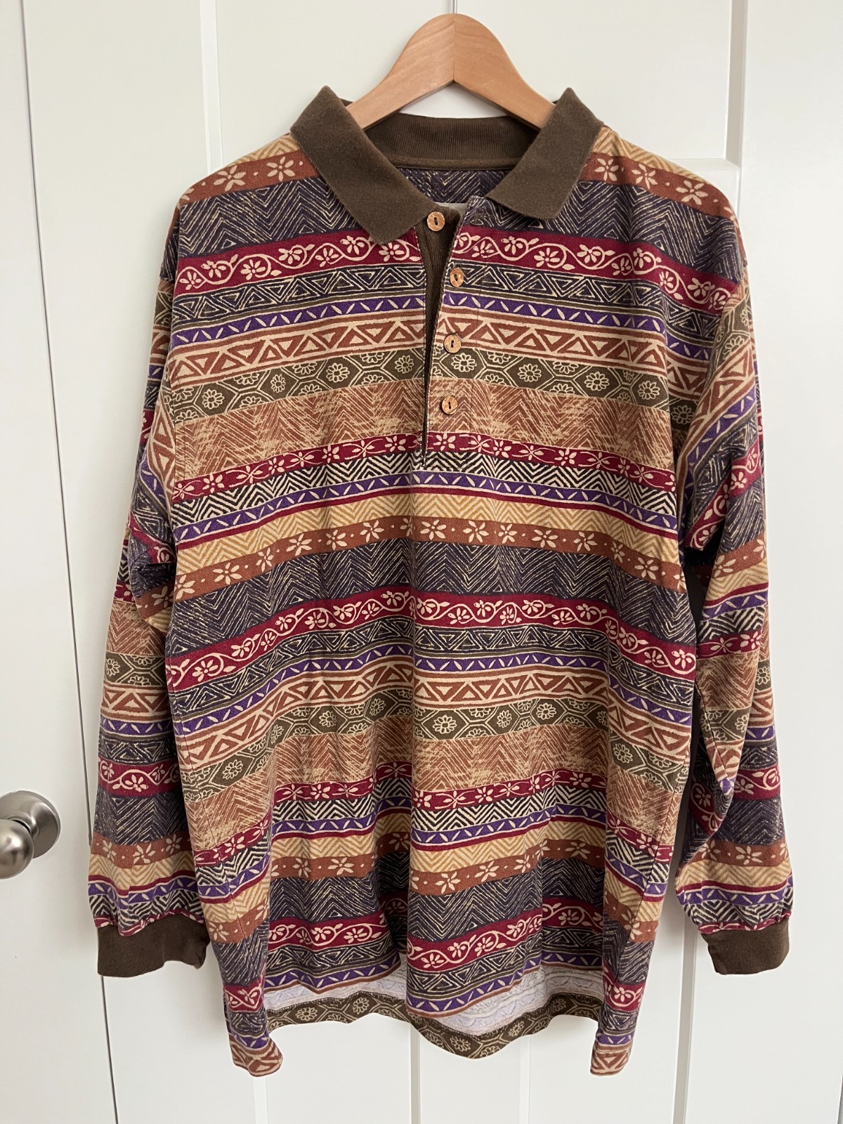 Vintage Territory Ahead Shirt Mens Large Brown Striped Aztec Southwest Polo 90s