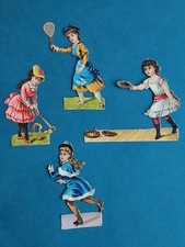 4 Olaten Glanzbilder Die Cuts Scraps Chromos MÄDCHEN SPORT um 1900