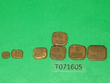 7pc Brass 23.5 DWTS. rectangle scale weight apothecary 6, 5, 2x4, 3, 1.5 drams