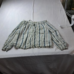 Lovestitch Womens S/M Striped Crinkle Gauze Peasant Top Blue White Long Sleeve