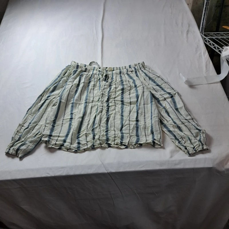 Lovestitch Womens S/M Striped Crinkle Gauze Peasant Top Blue White Long Sleeve