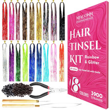 Glitter Hair Tinsel Extensions Kit 18 Colors with Tools and Beads, 48 Inch Spark