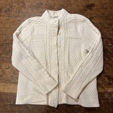 L L Bean Womens Heavy Weight Cotton Cable Knit Fishermen Cardigan Sweater Size L